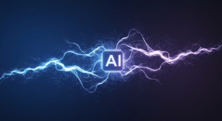 Artificial intelligence symbol with blue and pink lightning bolts on a dark background.