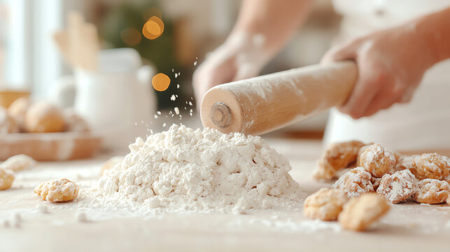 A baker rolling dough with a rolling pin, surrounded by flour and pastries, capturing the essence of home baking joy. - Powered by Adobe