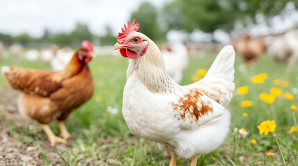 A beautiful white hen standing proudly in a green field among other chickens and blooming flowers, showcasing farm life.