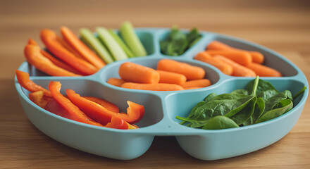 A colorful tray of fresh, raw vegetables, perfect for a healthy and balanced snack.