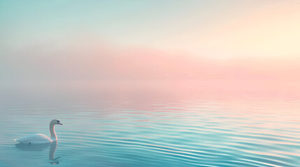 Fototapeta premium A serene swan gliding on a tranquil lake at dawn with soft pastel colors reflecting on the water