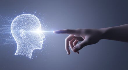 Hand touches glowing digital head concept of artificial intelligence or future technology.