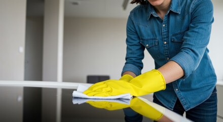 Woman in yellow gloves cleans a shiny surface with a white cloth.