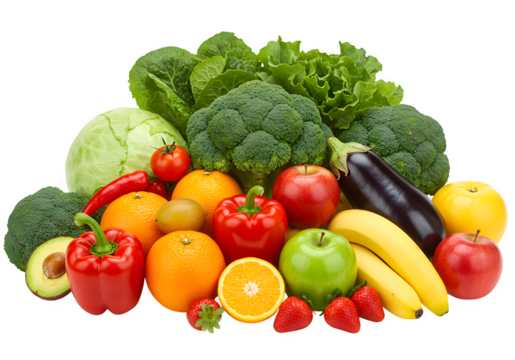 Colorful mix of fresh fruits and vegetables showcasing vibrant natural nutrition options. Ideal for healthy food visuals. Isolated on white or transparent background. PNG format.