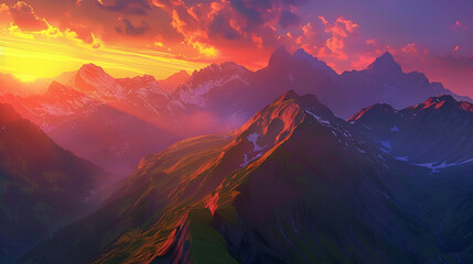 A vibrant sunset over a mountain range with colorful clouds and snow capped peaks in the distance