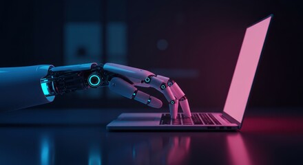 Robotic hand types on a laptop in a dark room with neon lighting.