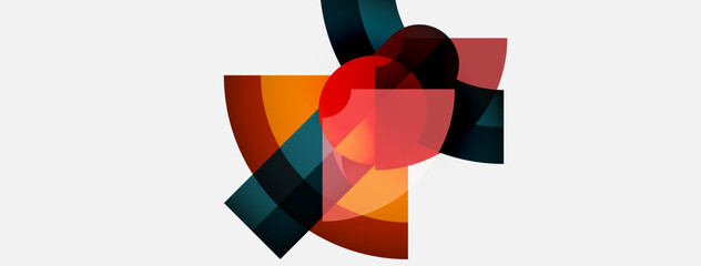 Abstract geometric shapes overlap, creating vibrant color blends. Composition features warm, cool tones against neutral background.