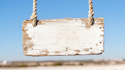 A blank wooden signboard hanging from twine against a clear blue sky, perfect for providing customizable messages.