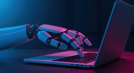Robot hand types on a laptop keyboard with blue and pink lighting.