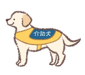 横向きの介助犬のラブラドールレトリバー