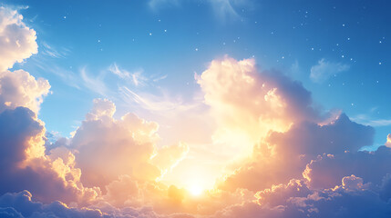 Fototapeta premium A breathtaking sunrise illuminating fluffy clouds in a bright blue sky, evoking peace and tranquility in nature's beauty.
