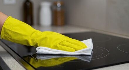 Hand in yellow glove wipes black stovetop with white cloth in kitchen.