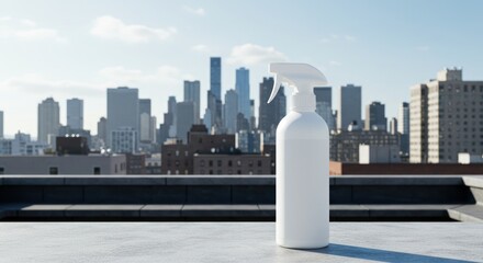 White spray bottle stands on a rooftop with a city skyline background.