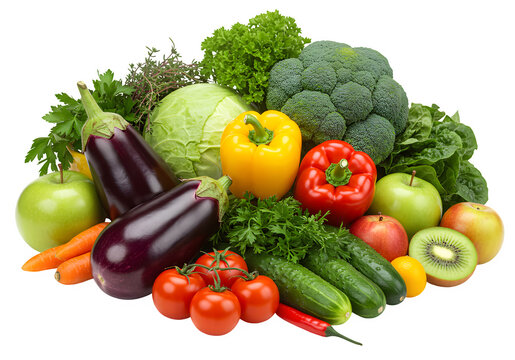 Colorful mix of fresh fruits and vegetables showcasing vibrant natural nutrition options. Ideal for healthy food visuals. Isolated on white or transparent background. PNG format.