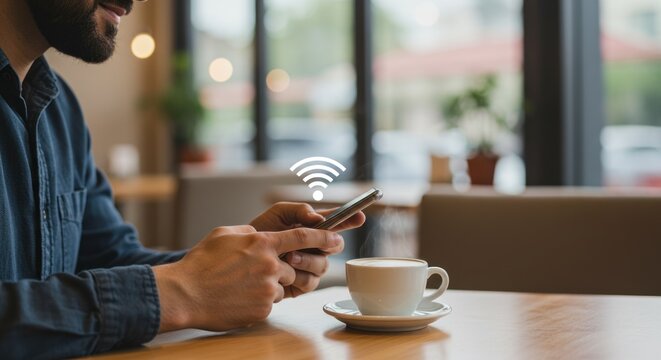 Person using smartphone with wifi symbol in cafe with coffee cup.