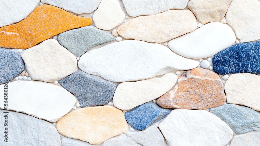 Poster a close-up image of smooth, colorful river stones arranged in a decorative pattern, perfect for back