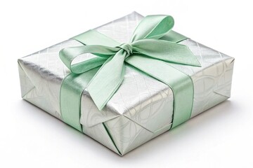 Obraz premium Elegant Silver Gift Box with a Soft Green Ribbon Bow