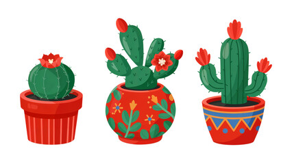 Three colorful potted cacti plants with red flowers blooming art on transparent background