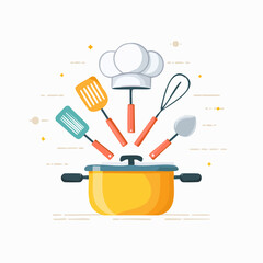 Flat vector illustration of a chef preparing food in a professional kitchen. Ideal for restaurant branding, culinary content, cooking tutorials, and food-related educational material.