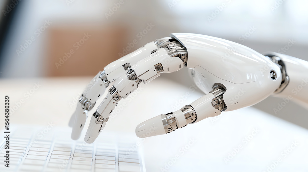 Poster A close-up of a robotic hand poised over a keyboard, illustrating the intersection of technology and human interaction.