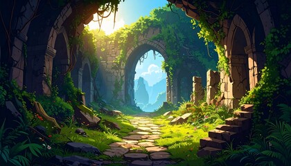 Fototapeta premium Sunlit Ruins: A Pathway Through Time