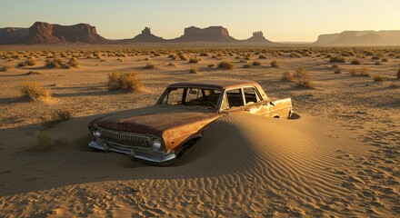 Obraz premium Abandoned car buried in desert sand