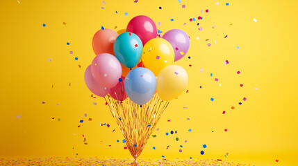 Child's colorful balloon bouquet with confetti and streamers, celebrating joy and playfulness on International Children's Day.