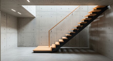 Interior view of a concrete room with wooden stairs leading upwards.