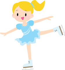 Illustration of a girl wearing light blue costume figure skating. Ice skating. Cute, fun. Vector illustration.