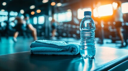 Water Bottle and Towel in Gym Setting
