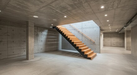 Interior view of a room with concrete walls and a wooden staircase.
