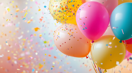 Child's colorful balloon bouquet with confetti and streamers, celebrating joy and playfulness on International Children's Day.