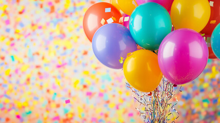 Child's colorful balloon bouquet with confetti and streamers, celebrating joy and playfulness on International Children's Day.