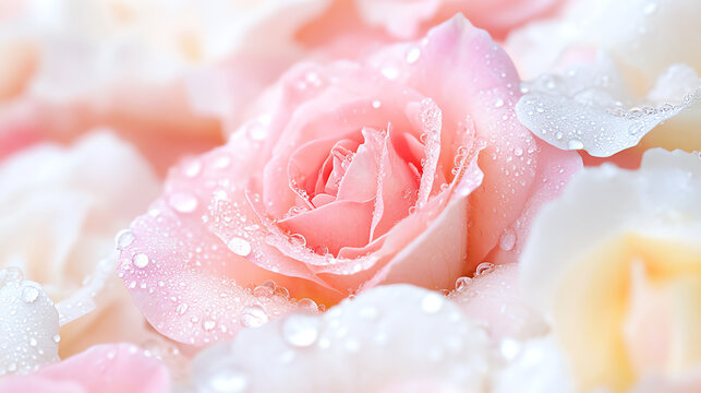 A close-up photo of delicate pink roses adorned with glistening dew drops, evoking beauty and freshness in nature.