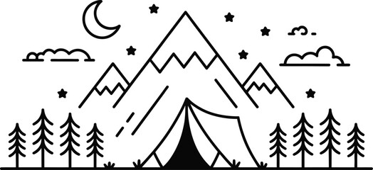 Black and White Camping Scene with Tent Mountains Moon Stars and Trees