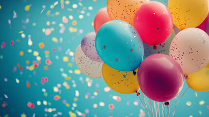 Child's colorful balloon bouquet with confetti and streamers, celebrating joy and playfulness on International Children's Day.