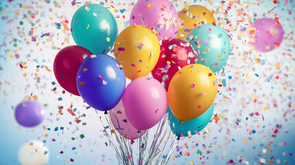 Child's colorful balloon bouquet with confetti and streamers, celebrating joy and playfulness on International Children's Day.