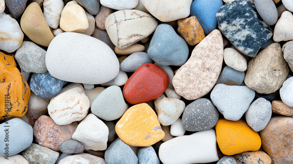Poster A collection of colorful stones and pebbles in various shapes, textures, and shades, creating a visually appealing natural pattern.