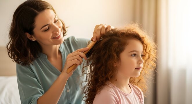Mother brushing daughter's hair in morning routine