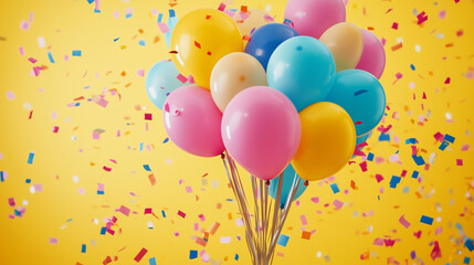 Child's colorful balloon bouquet with confetti and streamers, celebrating joy and playfulness on International Children's Day.