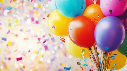 Child's colorful balloon bouquet with confetti and streamers, celebrating joy and playfulness on International Children's Day.