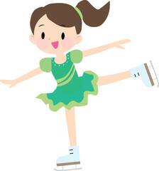 Illustration of a girl wearing green costume figure skating. Ice skating. Cute, fun. Vector illustration.