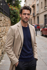 AI generated illustration of a fashionable young male model wearing a beige coat and dark sweater, posing confidently on a modern city street with blurred autumn background. Trendy urban lifestyle con
