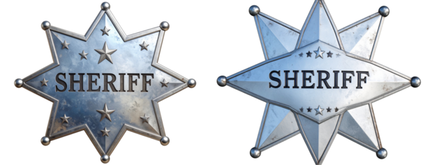 Classic Western Sheriff Star Badge with Aged Metal Texture, isolated on transparent background PNG