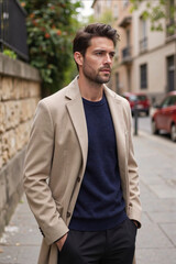 AI generated illustration of a fashionable young male model wearing a beige coat and dark sweater, posing confidently on a modern city street with blurred autumn background. Trendy urban lifestyle con