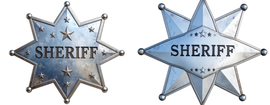 Classic Western Sheriff Star Badge with Aged Metal Texture, isolated on transparent background PNG