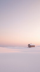 Solitary Cabin in a Soft, Serene Snowscape Bathed in the Pale Light of a Winter Dawn, Offering a Tranquil Retreat