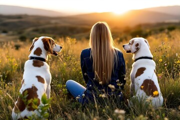 Woman with Dogs at Sunset: Serene Outdoor Scene of Friendship & Companionship. Golden Hour Light, Pets, Nature, & Calm.
