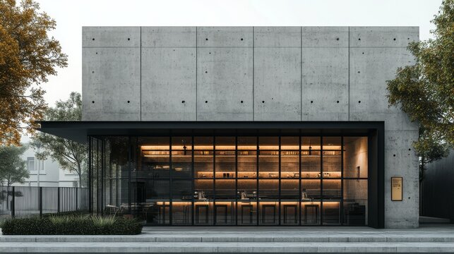 57.A front view of a modern cafe with a minimalist design, featuring black metal framing on the windows and a concrete wall. The building's sharp lines and industrial look are highlighted by a clean,