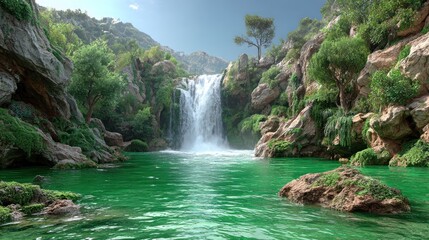 Fototapeta premium Lush waterfall cascading into a vibrant pool